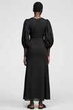 Robe Manches Longue Noir Satin Trapèze Ras de Cou