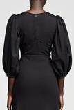 Robe Manches Longue Noir Satin Trapèze Ras de Cou