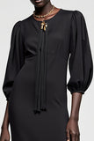 Robe Manches Longue Noir Satin Trapèze Ras de Cou
