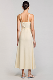 Robe Longue Abricot Satin Bretelles Spaghetti Trapèze