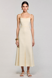 Robe Longue Abricot Satin Bretelles Spaghetti Trapèze