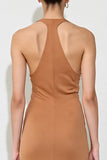 Robe Longue Orange Brûlé Satin Fourreau Col V