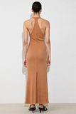 Robe Longue Orange Brûlé Satin Fourreau Col V