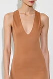 Robe Longue Orange Brûlé Satin Fourreau Col V