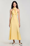 Robe Longue Jaune Satin Fourreau Licou