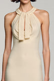 Robe Midi Abricot Satin Fourreau Licou Volants