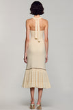 Robe Midi Abricot Satin Fourreau Licou Volants