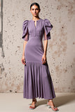 Robe Longue Violet Satin Fourreau Manches Bouffantes