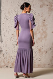 Robe Longue Violet Satin Fourreau Manches Bouffantes
