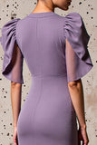 Robe Longue Violet Satin Fourreau Manches Bouffantes