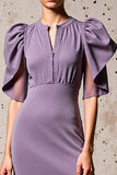 Robe Longue Violet Satin Fourreau Manches Bouffantes
