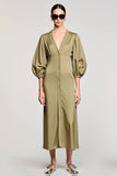 Robe Longue Satin Olive Fourreau Col V