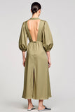 Robe Longue Satin Olive Fourreau Col V