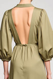 Robe Longue Satin Olive Fourreau Col V