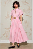 Robe Longue Rose Satin Trapèze Ceinture