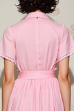 Robe Longue Rose Satin Trapèze Ceinture