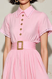 Robe Longue Rose Satin Trapèze Ceinture