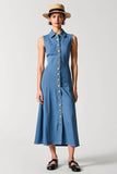 Robe Longue Bleu Trapèze Simple Boutonnage Avec Col