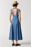 Robe Longue Bleu Trapèze Simple Boutonnage Avec Col
