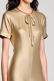 Robe Midi Champagne Satin Trapèze Ras de Cou