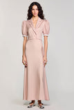 Robe Longue Rose Fourreau Satin Revers Crantés
