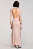 Robe Longue Rose Fourreau Satin Revers Crantés