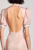 Robe Longue Rose Fourreau Satin Revers Crantés