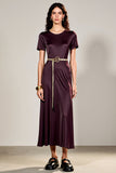 Robe Longue Prune Satin Trapèze Ras de Cou