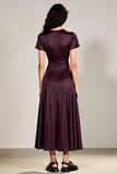 Robe Longue Prune Satin Trapèze Ras de Cou