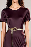 Robe Longue Prune Satin Trapèze Ras de Cou