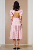 Robe En Lin Midi Rose Trapèze Col Montant