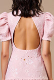 Robe En Lin Midi Rose Trapèze Col Montant