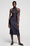 Robe Midi Noir Satin Fourreau Licou