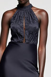 Robe Midi Noir Satin Fourreau Licou