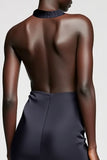Robe Midi Noir Satin Fourreau Licou