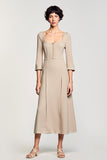 Robe Midi Abricot Satin Trapèze Col Carré