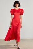 Robe Longue Rouge Satin Trapèze Ras De Cou