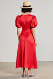 Robe Longue Rouge Satin Trapèze Ras De Cou