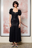 Robe Longue Noir Satin Trapèze Col Carré