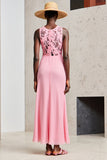 Robe Longue Rose Satin Fourreau Col Bijou