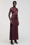Robe Longue Rouge Foncé Satin Fourreau Revers Cranté