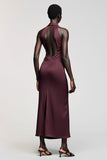 Robe Longue Rouge Foncé Satin Fourreau Revers Cranté
