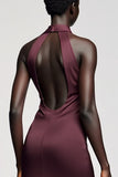 Robe Longue Rouge Foncé Satin Fourreau Revers Cranté