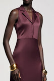 Robe Longue Rouge Foncé Satin Fourreau Revers Cranté