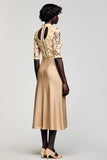 Robe Midi Champagne Satin Fourreau Avec Col