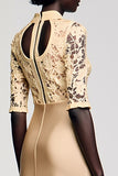 Robe Midi Champagne Satin Fourreau Avec Col