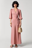 Robe Longue Rose Satin Trapèze Revers Cranté