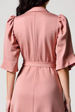 Robe Longue Rose Satin Trapèze Revers Cranté