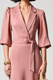 Robe Longue Rose Satin Trapèze Revers Cranté