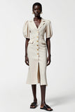 Robe Midi Ivoire Satin Fourreau Revers Cranté